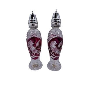 Hofbauer Byrdes Cranberry Crystal Salt and Pepper Shakers West Germany Bird 7"